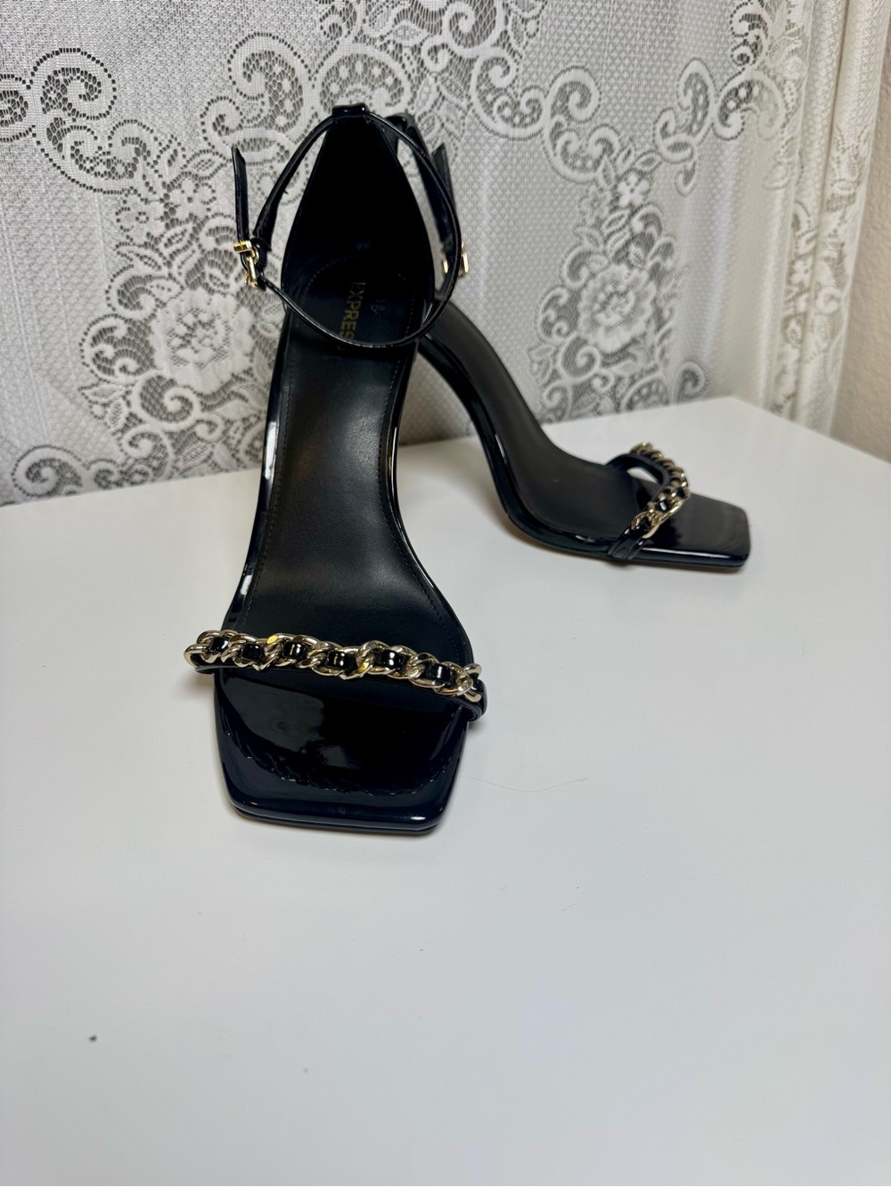 NWOB Express Black Patent Leather Stiletto Heels with Gold Chain Accent, Size 10